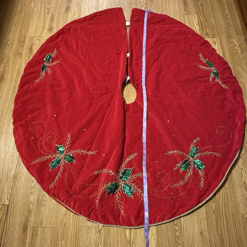 Christmas Tree‎ Skirt VTG Sequin Holly Leaves Embroidery Velor Red 47 Inches